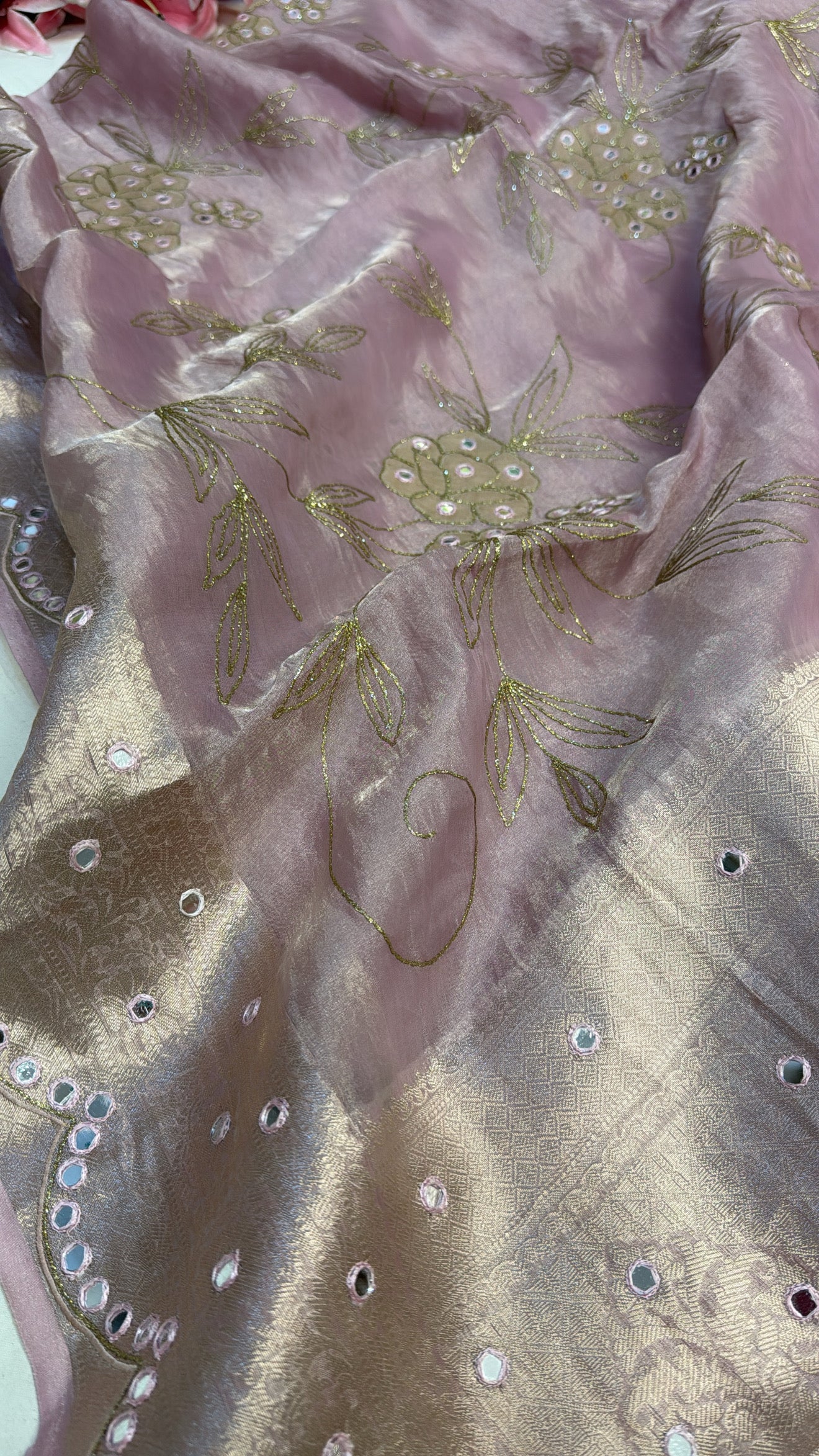 Blush pink husn tissue silk hand embroidered kadhwa saree